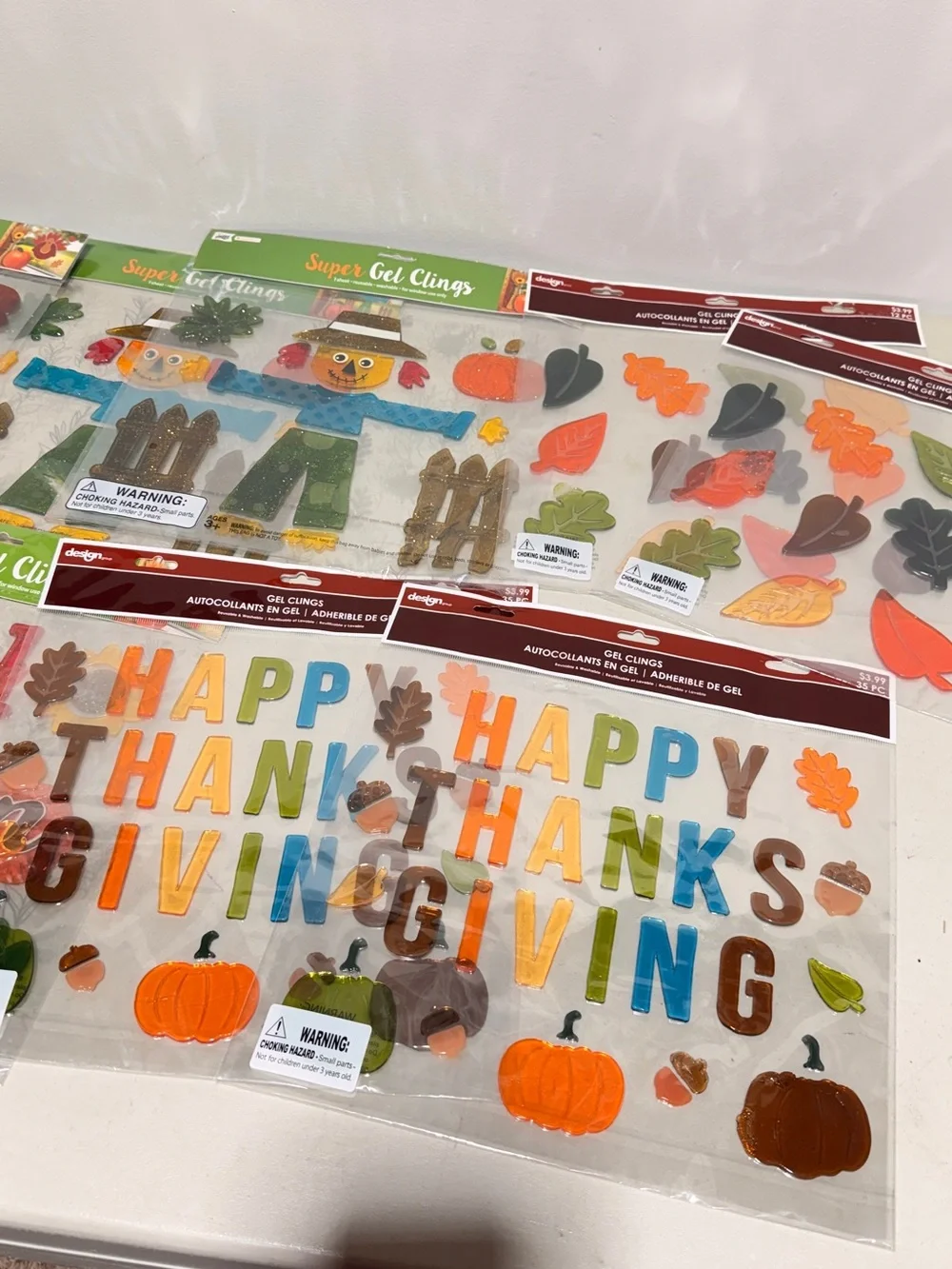 10 Pack Fall / Autumn / Thanksgiving Window Gel Clings - Turkey Leaves Pumpkins